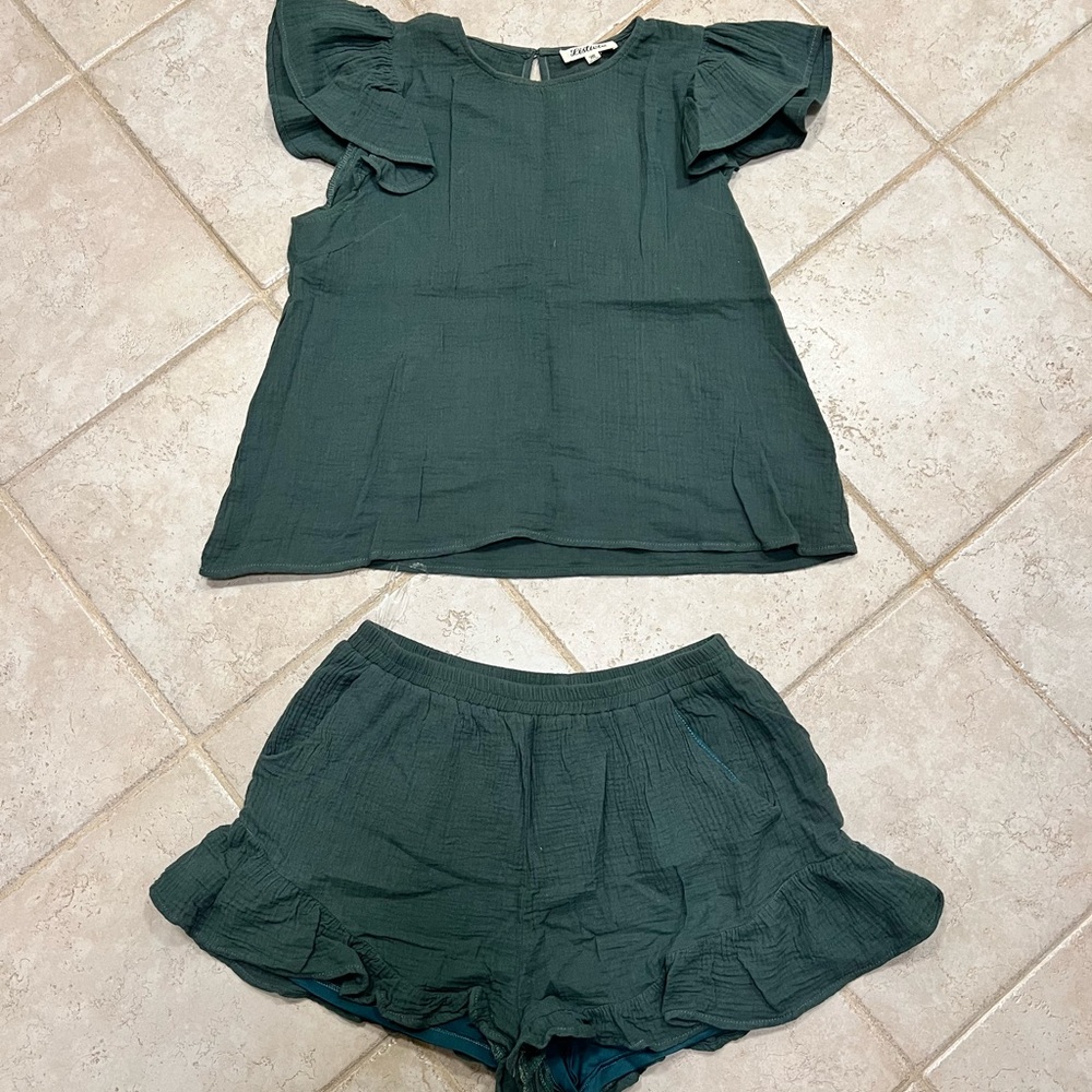 Green muslin double cloth matching shorts set with ruffle trim